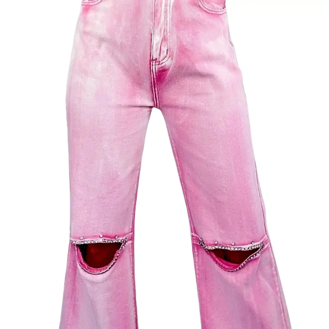 Pink Rhinestone Cut-out Wide Leg Jeans - Casual Womenswear, Comfortable Style, High Waist, Solid Color
