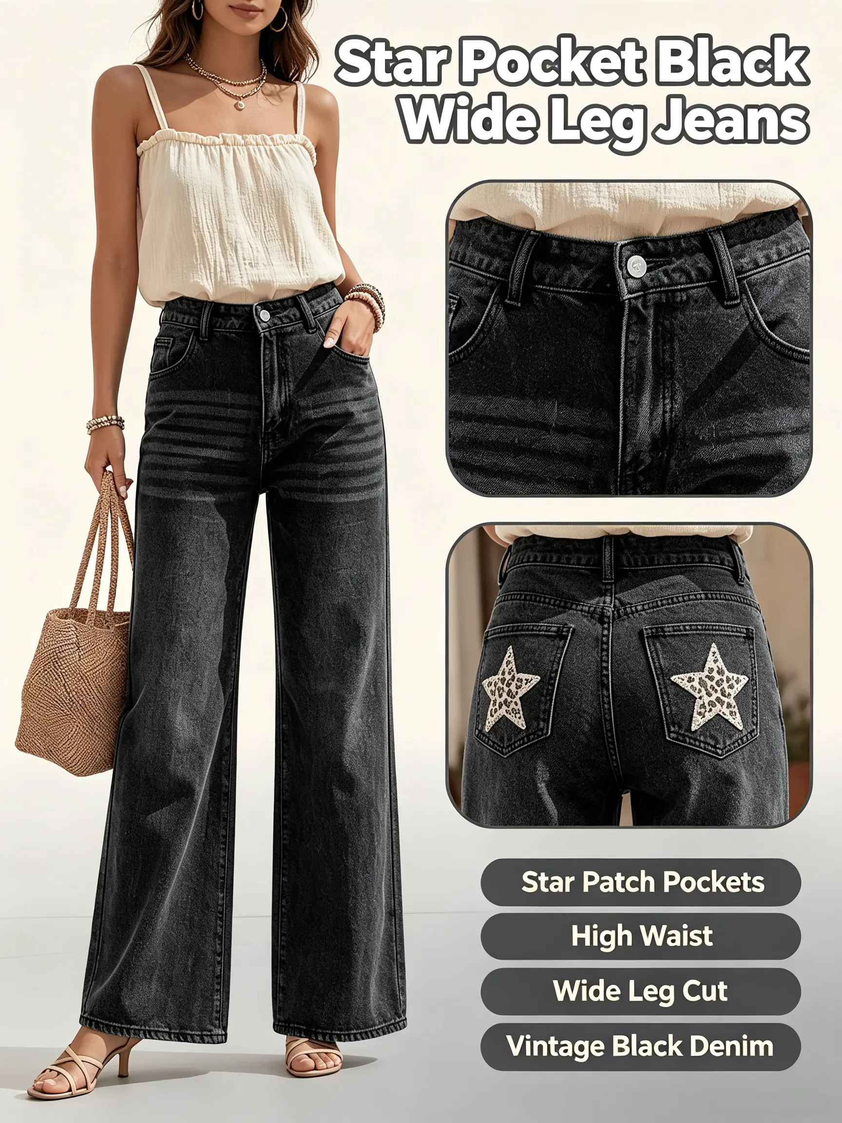 Women's Vintage High-Waist Black Baggy Wide-Leg Denim Pants, Featuring Leopard-Star Back Pockets