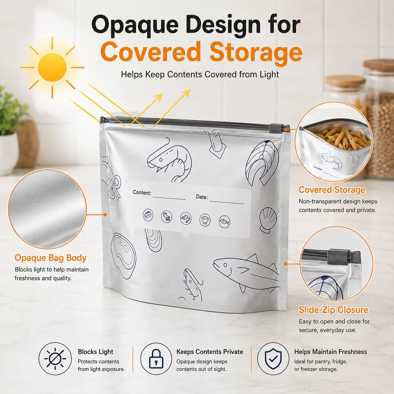 Food Storage Bags with Zipper Closure, Opaque Reclosable Bags for Refrigerator, Freezer & Pantry Organization Aluminium Containers