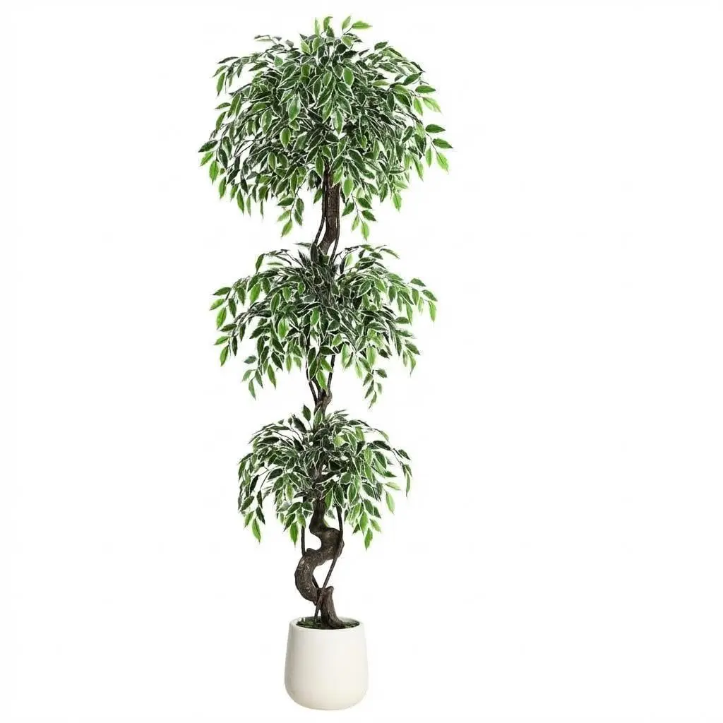 Garvee Artificial Ficus Trees in Multiple Sizes (4ft, 5ft, 6ft) with Natural Curved Lush Silk Leaves, White Imitation Ceramic Planters, Wood Trunks, Pebbles & Moss for Indoor and Outdoor Home or Office Decor