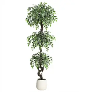 Garvee Artificial Ficus Trees in Multiple Sizes (4ft, 5ft, 6ft) with Natural Curved Lush Silk Leaves, White Imitation Ceramic Planters, Wood Trunks, Pebbles & Moss for Indoor and Outdoor Home or Office Decor