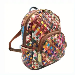 2025 Fashionable Women's Genuine Leather Backpack - Hand-Woven Multicolor Spliced Cowhide Design, Adjustable Padded Straps & Zipper Closure, Vibrant Patchwork for Casual &, Versatile Accessory, Trendy Accessory, Durable Construction, Functional Accessory,