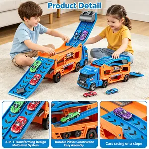 Dual Launching Race Track Truck Toy, Transport Carrier with 6 Alloy Cars, Portable Playset for Indoor & Outdoor Racing Fun outdoorfun