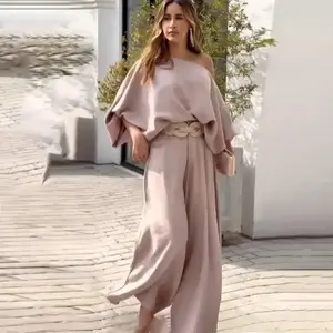 The 2026 summer new off-the-shoulder lantern-sleeve loose top set and wide-leg pants for European and American foreign trade are irregular