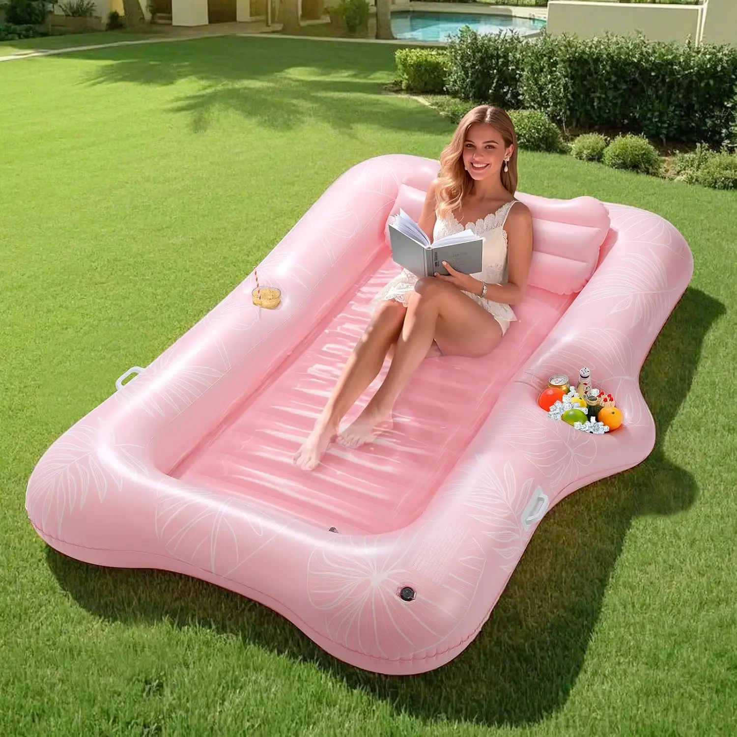 Pool Floats Adult, Large Floating Bed with Ice Bar, Tanning Bed Pool Raft Inflatable Lounger with Drink Holder Tanning Chair Inflatable Pool Toys for Party Beach Backyard