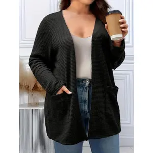 Plus size women's waffle knit cardigan sweater, long sleeved open lightweight sweater, autumn and winter casual fashionRAIMENTRY