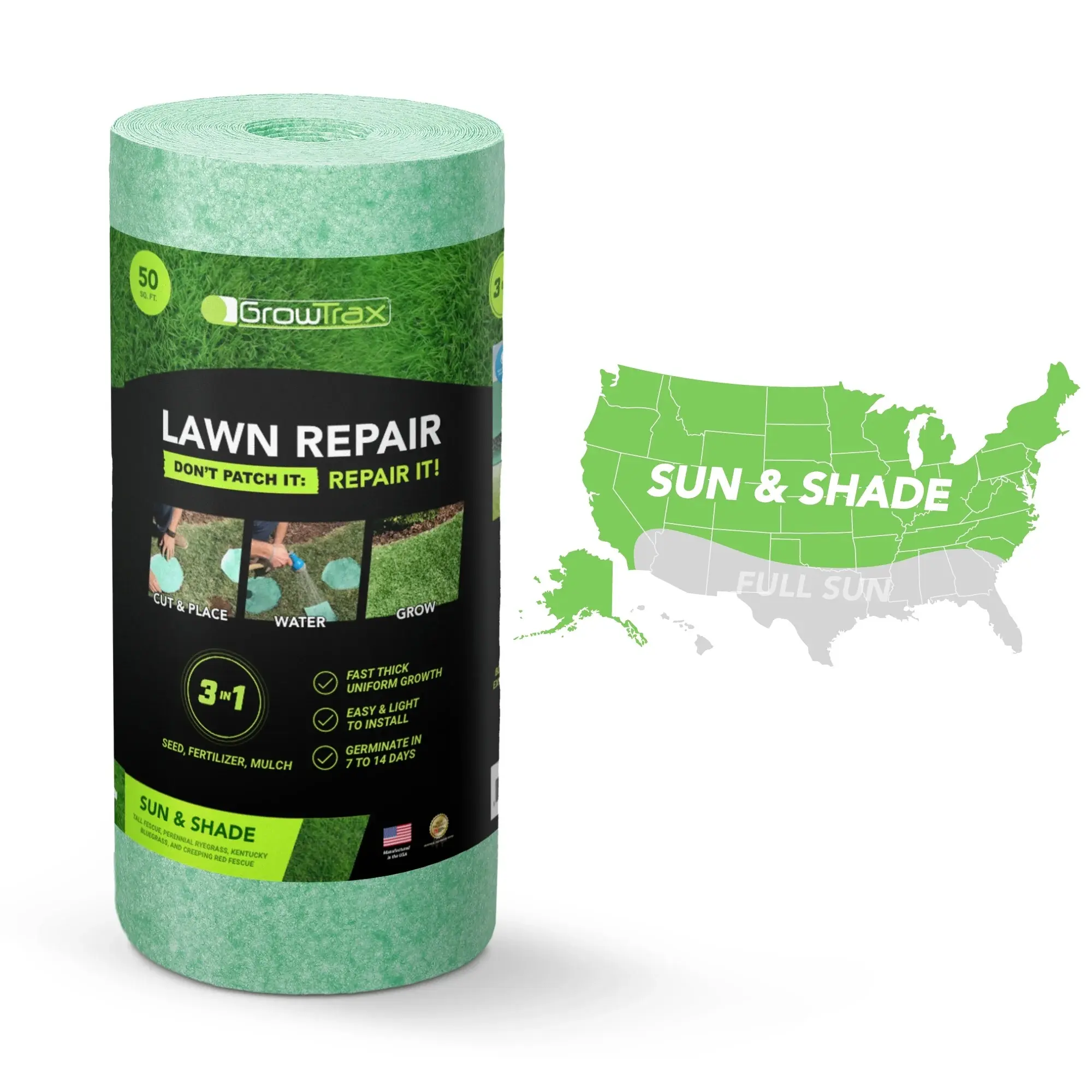 GrowTrax Biodegradable Grass Seed - 50 SQFT - Grass Seed Mix and Fertilizer Roll for Lawns, Dog Patches & Shade - Just Water & Grow - No Fake or Artificial Grass Garden
