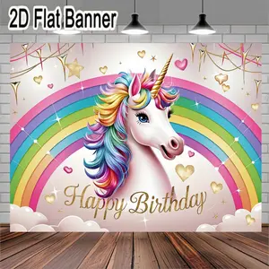 2D flat banner, 1pcWhimsical Unicorn Rainbow Birthday Decorations Magical Unicorn Design with Golden Script Happy Birthday Theme, Vibrant Pastel Colors and Decorative Elements for Festive Celebration