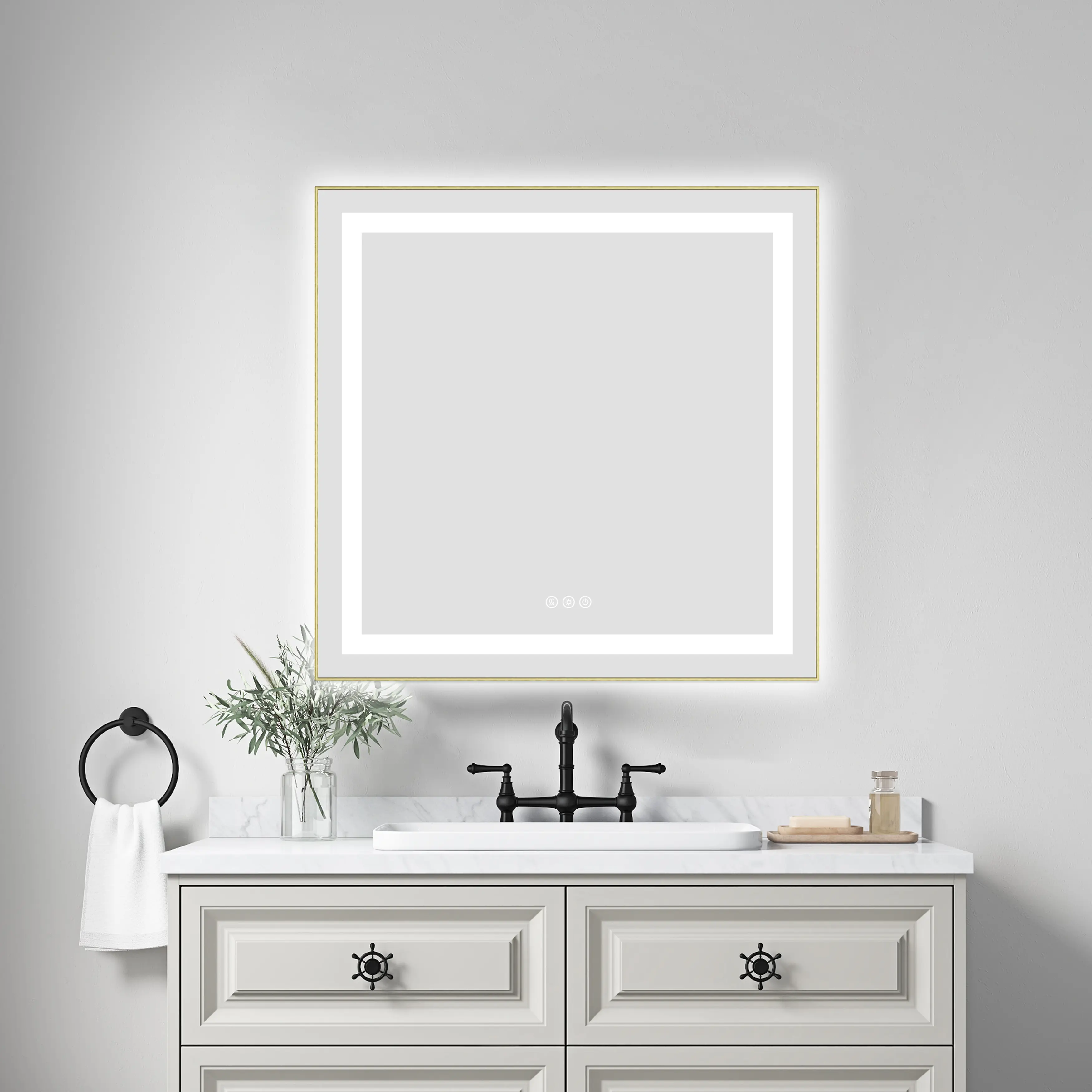 30 x 30 Inch LED Bathroom Mirror Wall Mounted Vanity Mirror with Front and Backlight, Anti-Fog, Memory, 3 Color Lighting, Stepless Dimmable, Aluminum Frame, Illuminated Makeup Mirror for Bathroom Vanity, Bedroom, Dressing Room
