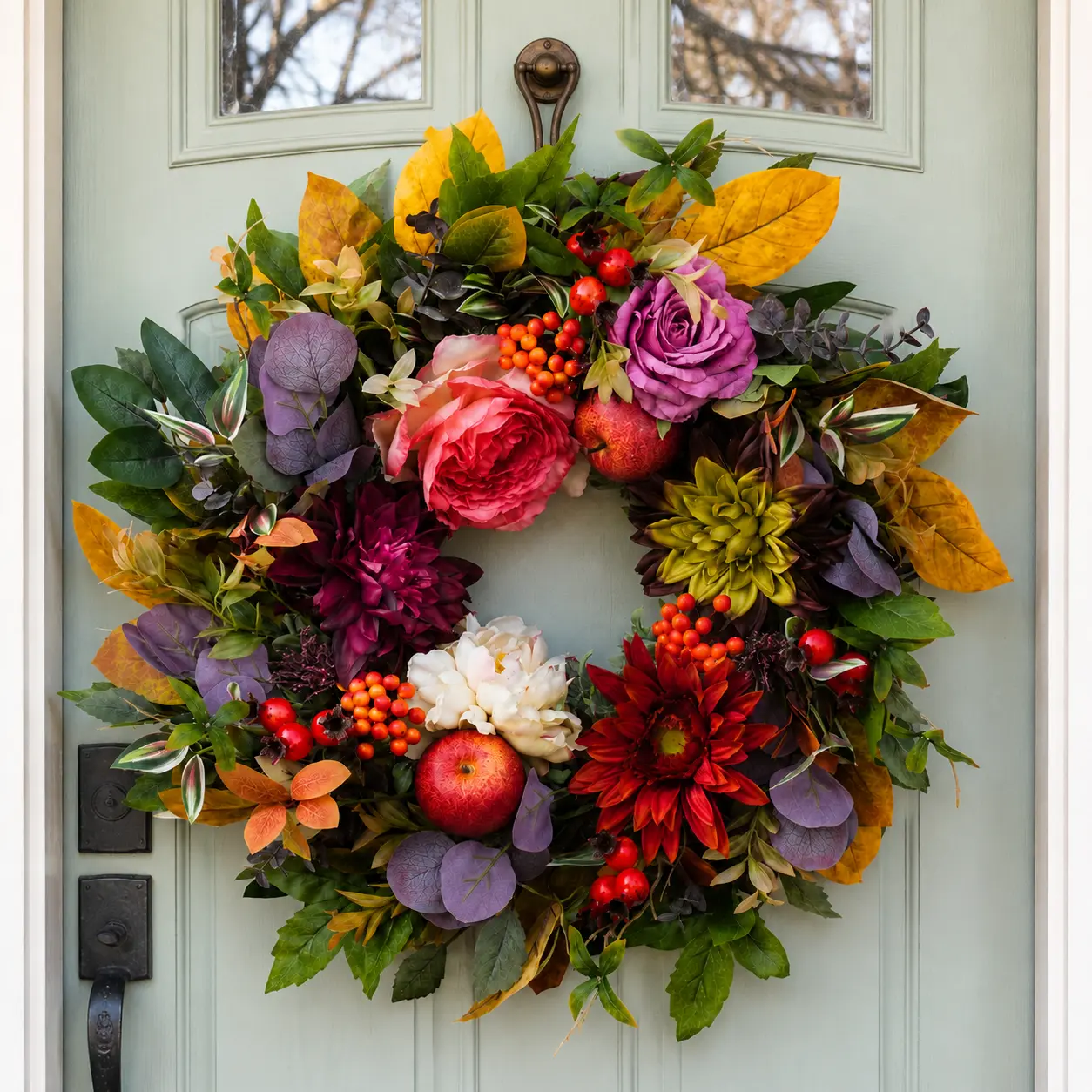 24'' Fall Wreaths for Front Door, Autumn Floral Wreath with Flowers, Berries & Leaves, Rustic Thanksgiving Harvest Decor, Outdoor Wreaths for Front Door, Farmhouse Autumn Decor