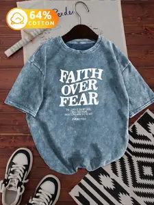 Faith over Fear Round Neck T-Shirt, 64% Cotton Super Comfort, Vintage Wash Feel, Casual Style, Long Clothing Length, Summer Wear