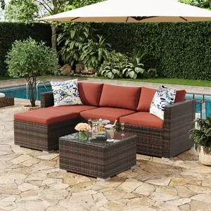 5-Piece Outdoor Patio Furniture Set All-Weather Wicker Sectional Conversation Set for Backyard Porch Balcony with Brown PE Rattan Couch Tempered Glass Table and Washable Cushions