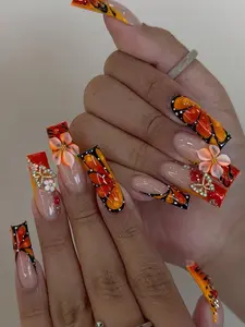 24pcs/Set Leopard Print, French Elegant Luxury 3D Water Drop, Vintage Orange Butterfly Flower Golden Pearl Decor Design Long Square Press-On Nails, Nail Art Supplies Suitable For Girls/Women For Daily, Outdoor, Party