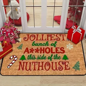 Funny Christmas Candy Themed Rug Non-Slip Kitchen Mat Comfortable Entryway Carpet Home Decor for Holiday Season with Candy Cane & Tree Motifs