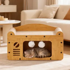 1-Pack Small Size TV-Shaped 2-Tier Cat Bed, Corrugated Paper Scratcher & Enclosed Hideaway for Kittens & Single Cat Households