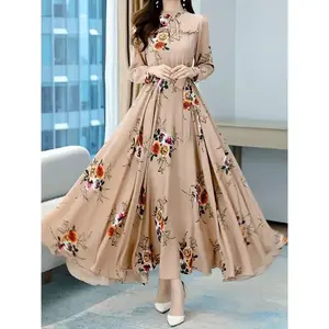 Long-sleeved dress, velvet-free V-neck - Elegant floral prints, ladies lace details, suitable for spring/autumn parties