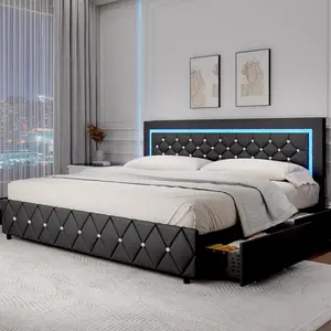 HOMBCK Bed Frame, No mattress, Storage Drawers and LED Lights, Faux Leathe, Diamond Headboard, No Box Spring Needed, Easy Assembly