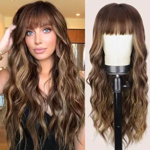26 Inch Brown Wig With Bangs Long Wavy Brown Mixed Blonde Highlight Wig with Dark Roots Ombre Natural Curly Synthetic Resistant Fiber Wigs for Women Daily Party Use
