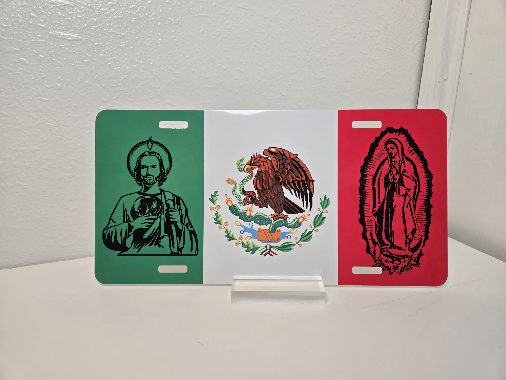 Car Plate Decorative Bandera Mexico, Personalized car Plate Bandera Mexico, Bandera mexico con san juda sy Virgensita