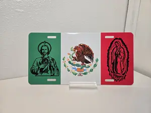 Car Plate Decorative Bandera Mexico, Personalized car Plate Bandera Mexico, Bandera mexico con san juda sy Virgensita