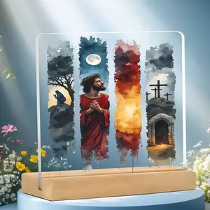 Christian Cross and Empty Tomb Plaque with Wooden Stand, Acrylic Religious Memorial, Baptism Gift, Easter Table Decor, Church Prayer Corner Decoration