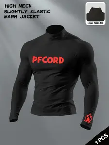 Men's High Neck Compression Thermal Top, Thermal Menswear - Slim Fit Elastic Base Layer with Letter Graphic & Cuff Emblem, Warm Long Sleeve Shirt for Gym, Running, Daily Wear, Versatile Athletic Undershirt for Fitness Enthusiasts & Street Fash