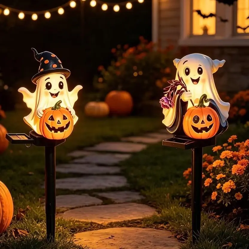 2026 New Halloween Solar Ghost Pumpkin Yard Light, Waterproof Resin Garden Stake, Outdoor Lawn & Garden Decoration, Spooky Halloween Decor