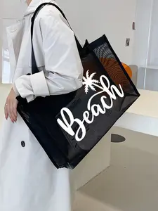 Breathable Mesh Beach Tote Bag, Coconut Tree Letter Print, Large Capacity Casual Shoulder Bag, Waterproof Multifunctional, Perfect for School, Work, Travel