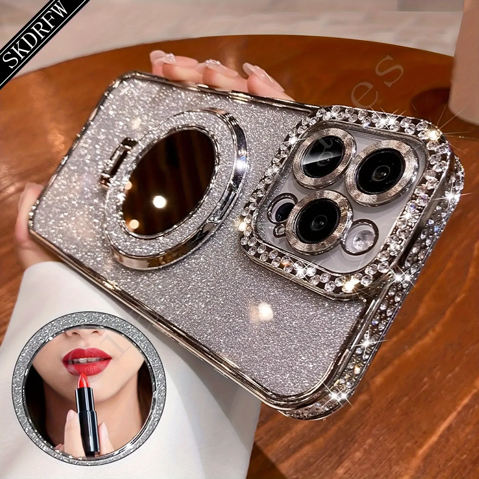 New Luxury High-Grade Glitter Double Row Diamond Mirror Magnetic Bracket All-Inclusive Lens Mobile Phone Case Suitable for Iphone 17 Air 16 15 Pro Max 14 Plus 13 12  / Anti-Fall Soft Glue Protective Back Cover