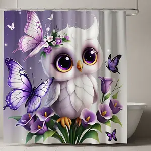 Whimsical Owl Shower Curtain, Butterfly & Floral Design, Charming Bathroom Decor, Soft Gradient Background, Starry Accents