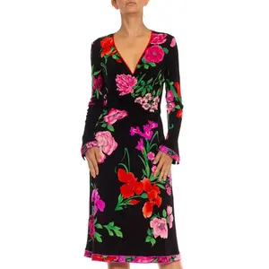 1980S LEONARD Black & Pink Polyester Jersey Front Ruched Floral Dress