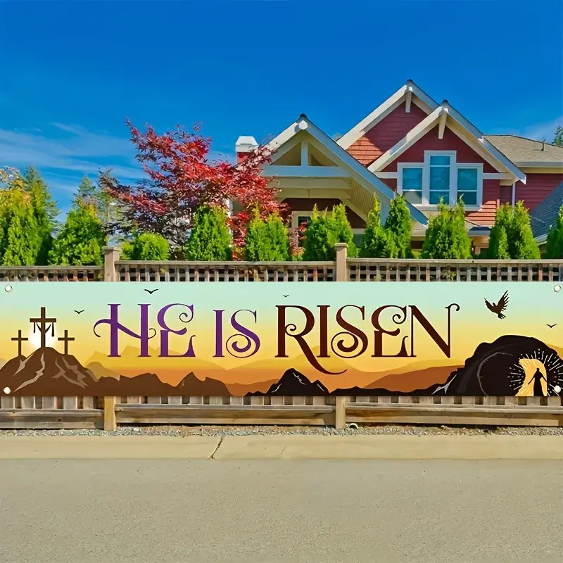 2D Flat 1pc Easter Banner He Is Risen, Durable Polyester Material with Cross and Sunrise Patterns, Perfect for Spring Outdoor Decoration