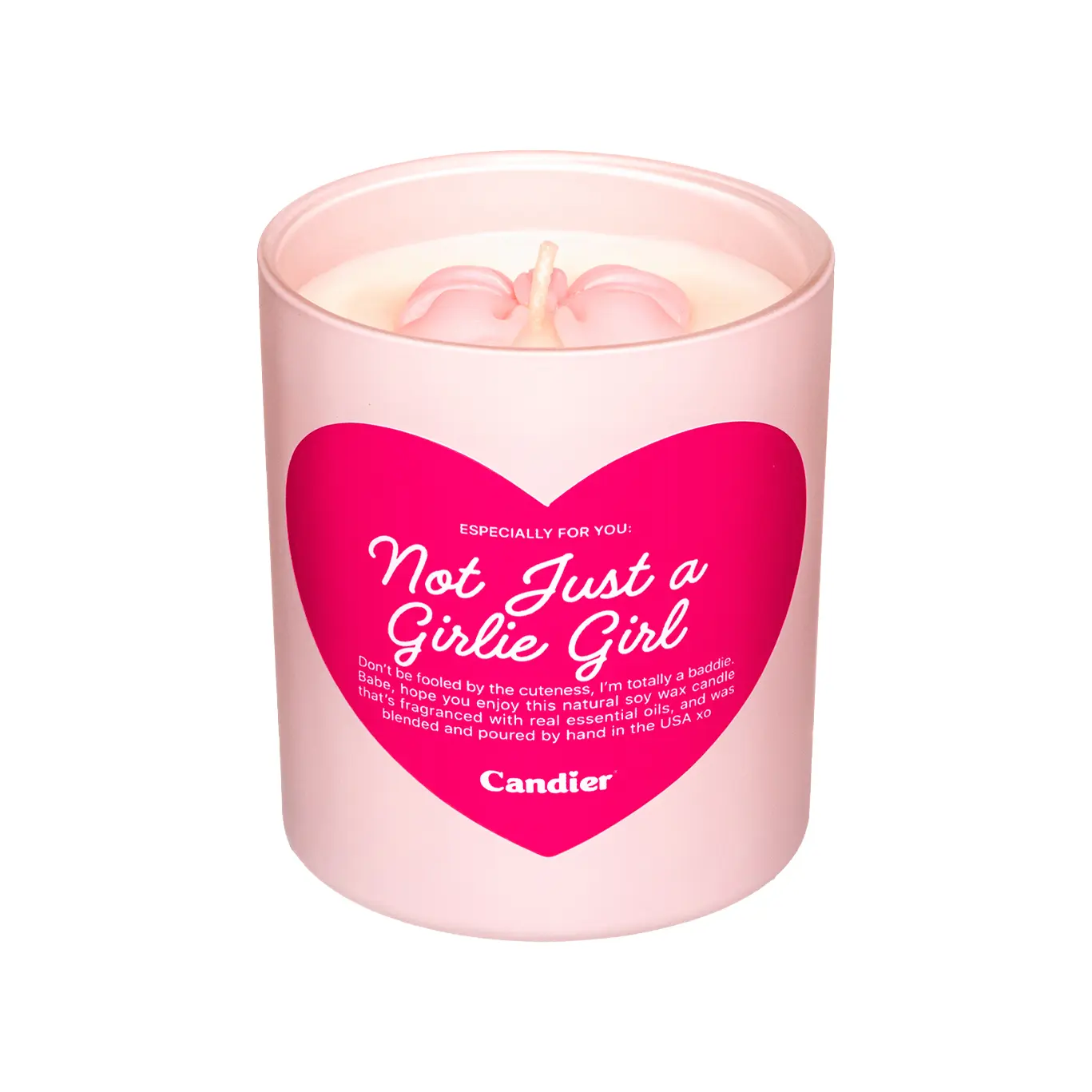 NOT JUST A GIRLIE GIRL Luxe Scented Candle by Candier – Fruity & Floral Aroma, Clean Soy Wax, Hand-Poured, Gift-Ready with Sculpted Pink Wax Bow Decor decorative candle