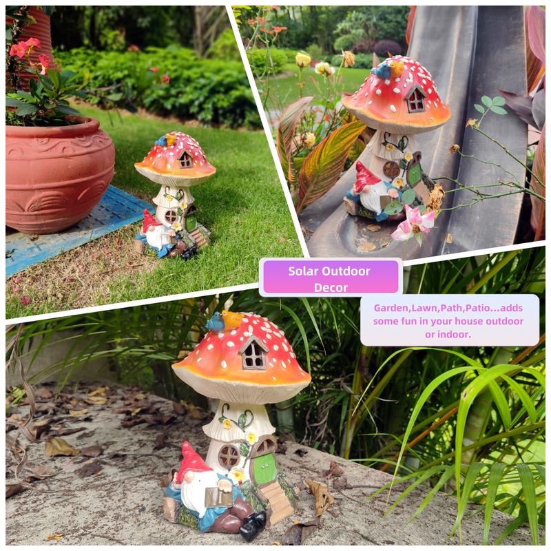 11 Inch Solar Mushroom Fairy House Resion Outdoor Statue Lamp Light Gnome Theme Garden Decor Seasonal Gardening Art for Housewarming Gifts Spring Outdoor Decoration for Patio Garden Balcony