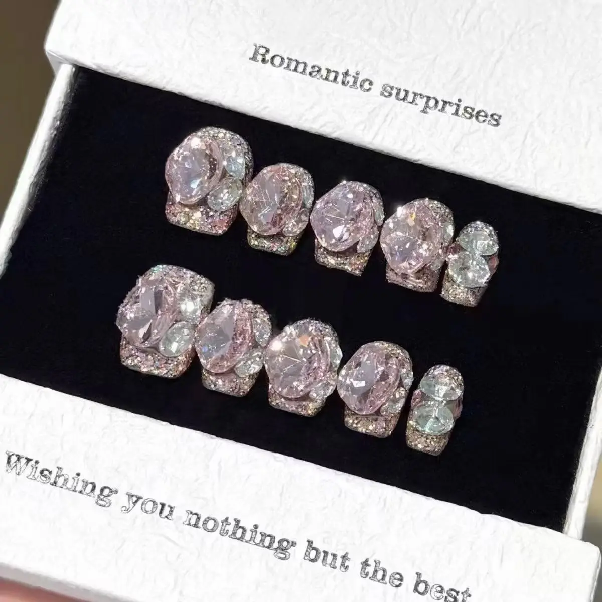 10pcs high-end Sweet and girlish style, pink sparkling rose, dazzling diamonds all over handmade Glittering fake nails Decorative Nails Salon Quality Nails Flower Nails