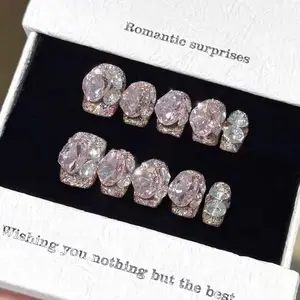 10pcs high-end Sweet and girlish style, pink sparkling rose, dazzling diamonds all over handmade fake nails Salon Quality Nails