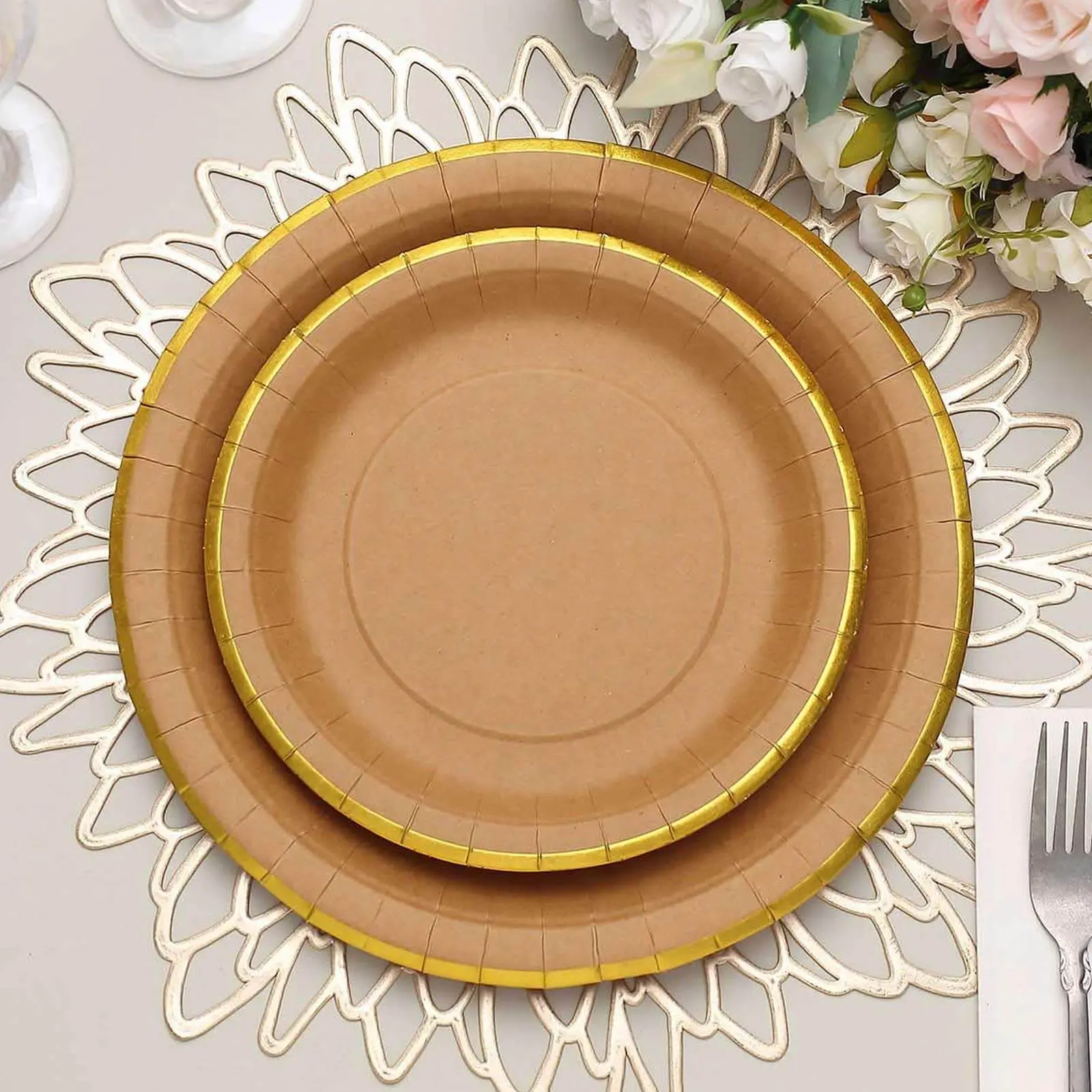 Disposable Dinnerware 25-Pack 8" Round Kraft Paper Party Plates - Natural Brown with Gold-Lined Rim, Disposable Dessert/Salad/Appetizer Plates for Rustic Vintage Wedding Events
