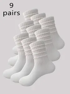 9 Pairs Women's Loose Crew Socks, Elastic Socks, Pure Color Jk Stack Socks, College Style Casual Warm Mid-Calf, Bubble Socks, Comfortable Breathable Sock Set