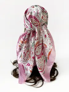 Women's Floral Headscarf, Spring Summer New Design, European Style Cashew Flower Silk Scarf, Ladies 90cm Floral Print Shawl Pashmina Satin Square Wrap