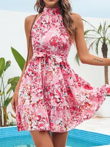 Floral Print Halter Neck Mini Dress