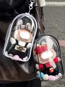 Transparent Protective Case for 17cm Plush Dolls, Outdoor Display Bag, Backpack Strap with Keychain, Hanging Ornament Accessory
