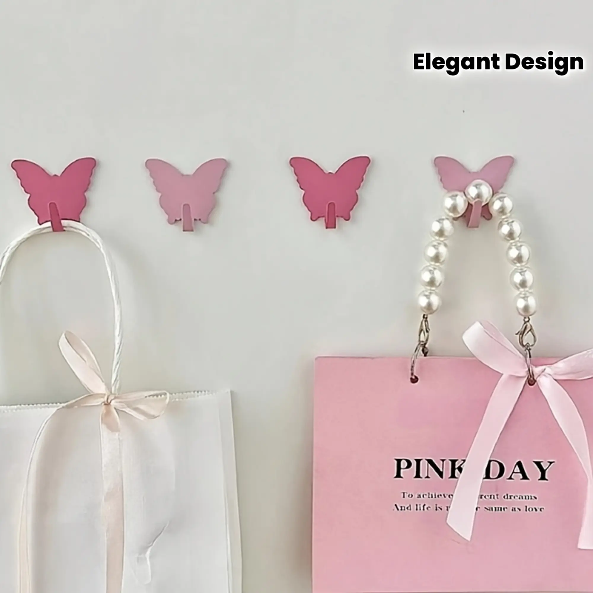 Pink Butterfly Metal Minimalist Wall Mount Hooks, 4-Piece Easy-Install Hanging Multi-Purpose Space-Saving Home Decor Hooks for Keys, Coats, Towels, Jewelry, Suitable for Children's Room, Bedroom, Hanging Multi-Purpose Hooks