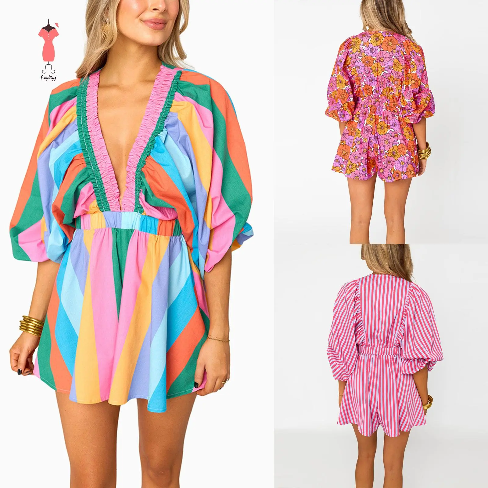 Women's Summer Short Boho Jumpsuit Long Sleeve Deep V Neck Stripe/Floral Print Playsuit Vintage Casual