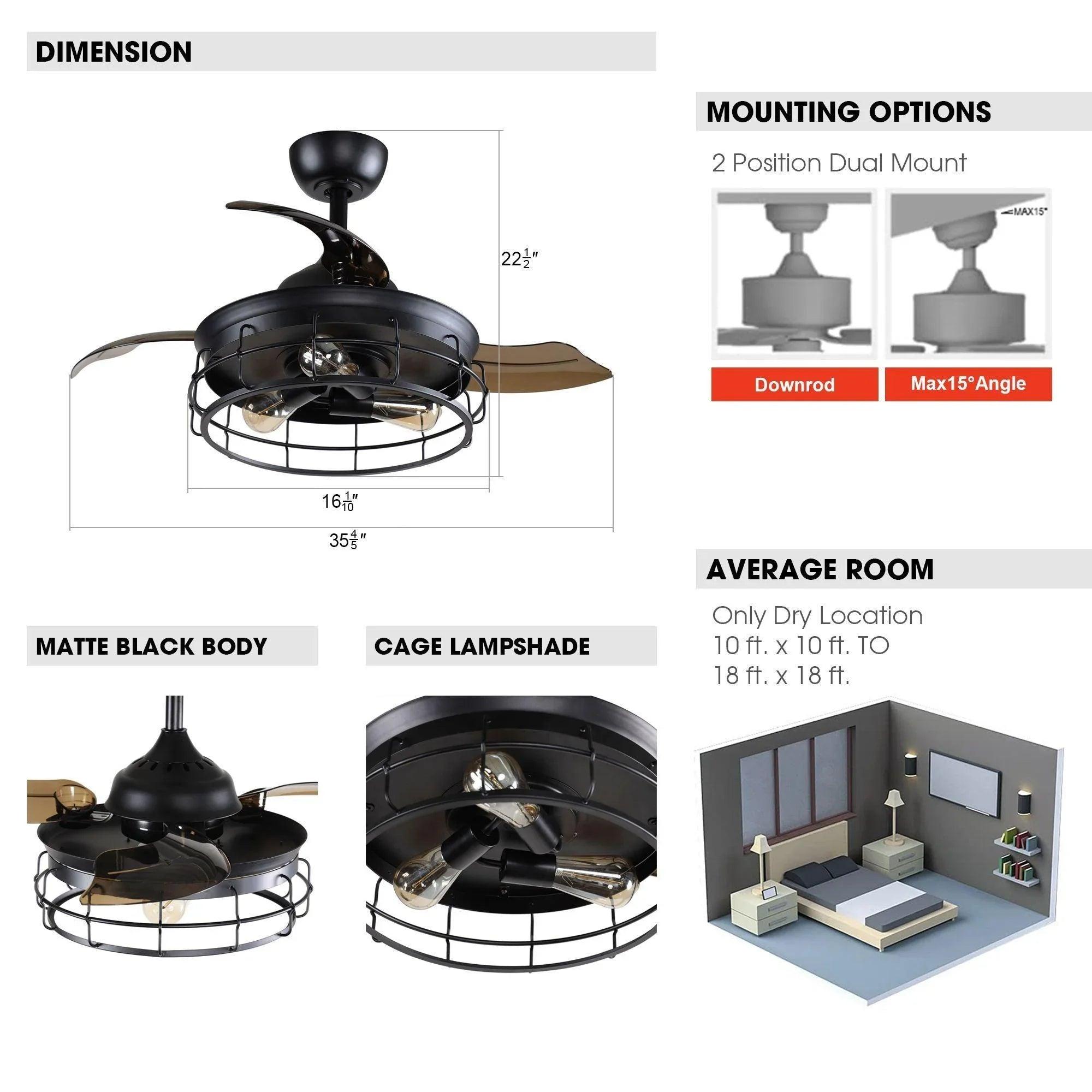36" Pickett Industrial Ceiling Fan | Downrod Mount, Lighting + Remote Control, Industrial Decor