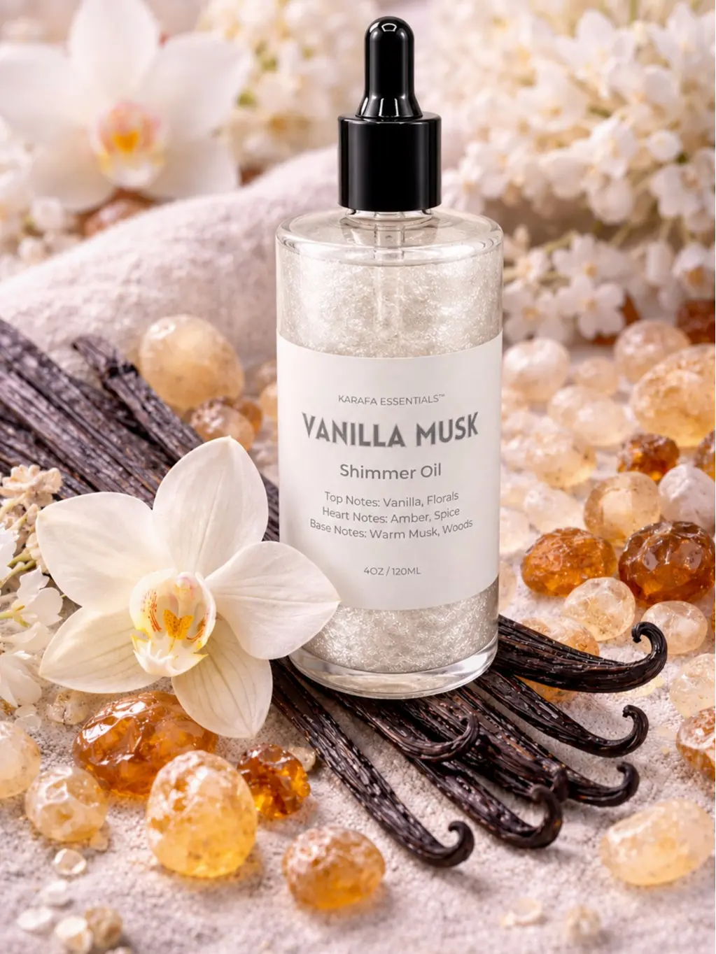 Vanilla Musk Moisturizing Body Shimmer Oil with Vanilla, Florals, Amber, Spice, Warm Musk, Woods for Radiant Skin by Karafa Essentials