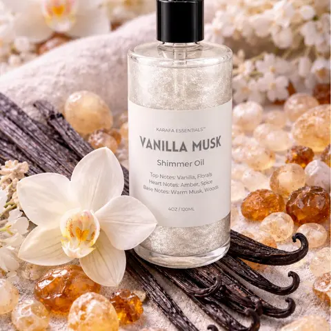 Vanilla Musk Moisturizing Body Shimmer Oil with Vanilla, Florals, Amber, Spice, Warm Musk, Woods for Radiant Skin by Karafa Essentials
