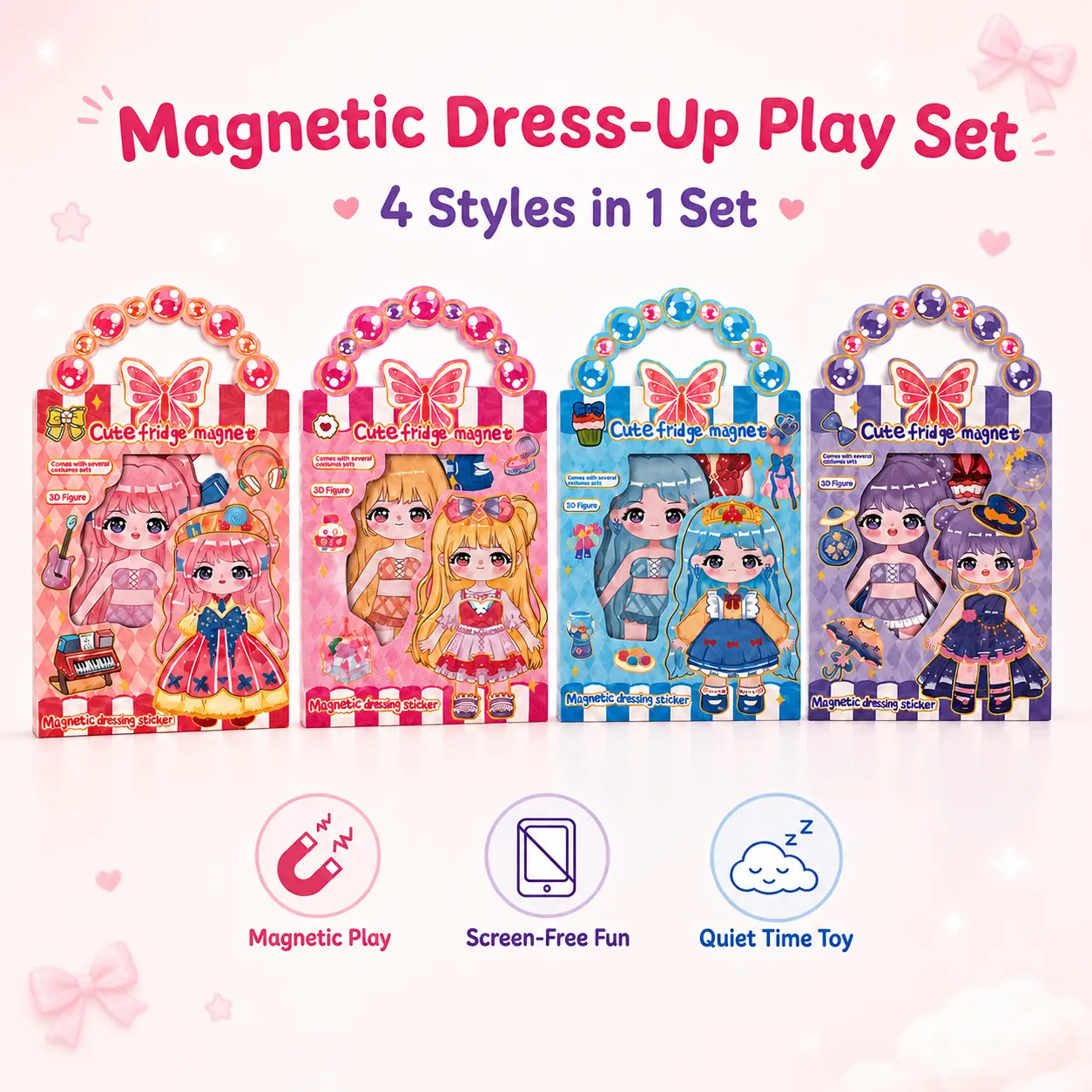Magnetic Dress-Up Doll Play Set with Accessories, 4 Cute Styles, Mix-and-Match Outfits, Quiet-Time Pretend Play Toy for Girl, Decoration, Storytelling