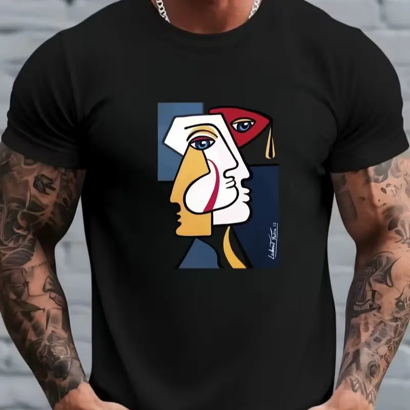 Cubism Abstract Face Art T-Shirt Style Crew Neck Short Sleeve Shirt with Cubist Face Print, Machine Washable Casual & Outdoor Wear Suitable for, Training Design for Men Women