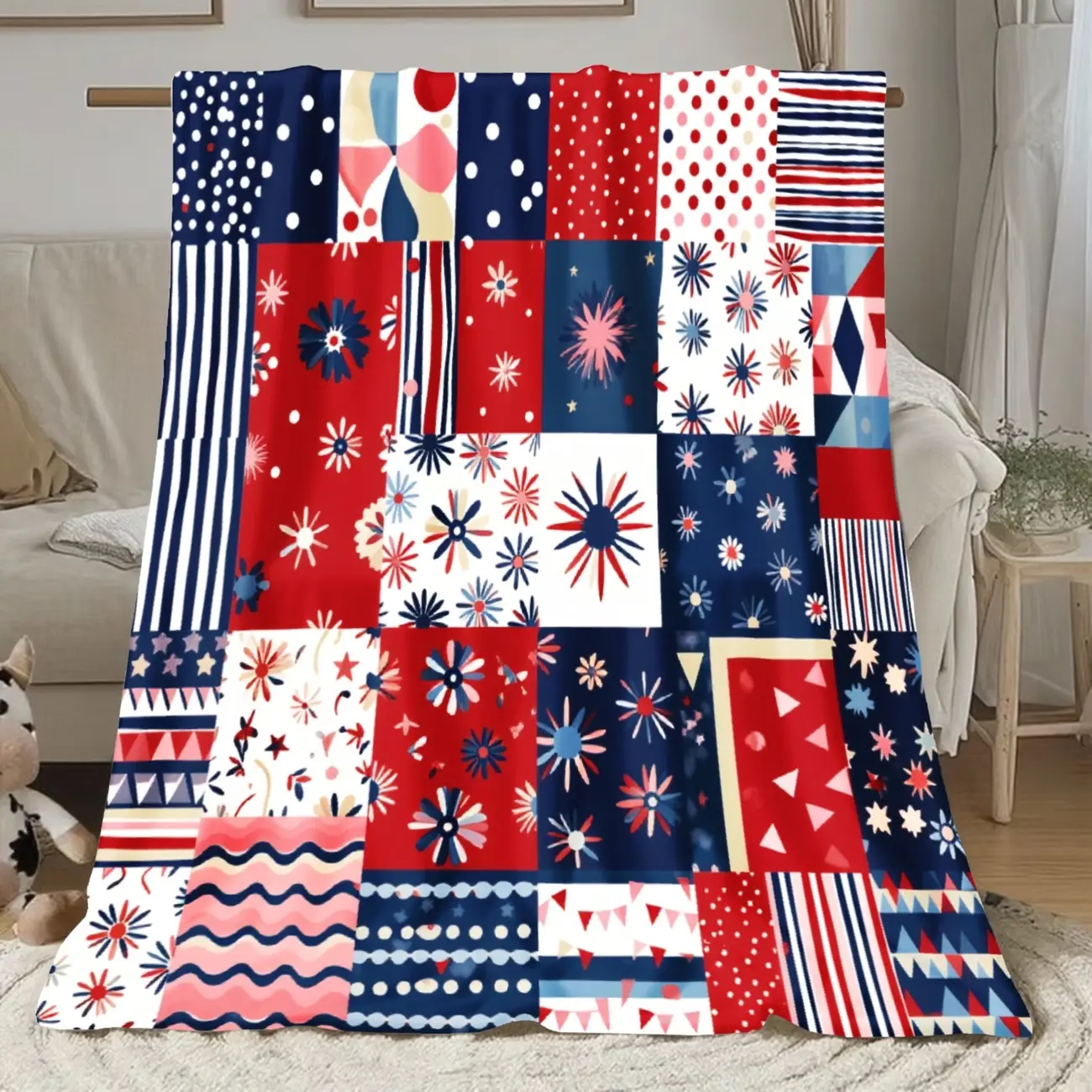 Comfortable and Soft Flannel American Flag Patchwork Bedspread - Red, White, and Blue Stripes with Navy Blue, Brown, and Star Patterns, Suitable for Sofas, Studies, and Festival Decorations - All-Season Bedspread or T