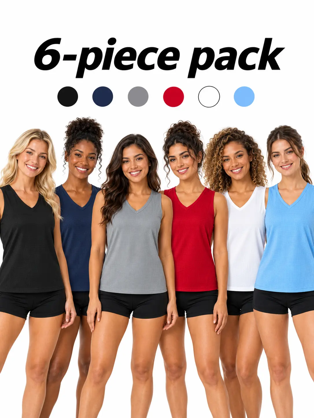 Women's 6-Piece Regular Fit Round Neck Quick Dry Polyester Tank Tops - Lightweight Yoga Workout Top, Breathable Sports Shirt, Casual Activewear for Gym, Running